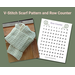 Display of the V-stitch Crochet Scarf on a hanger in front of a wooden fence and a printable row counter.