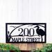 Rectangular metal address sign with great blue heron, cattails, and and sunset lake scene, in matte black powder coat.