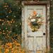 Cozy fall wreath with velvet pumpkins and fall foliage, ideal for farmhouse autumn door or wall decor.