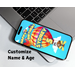 colorful hot air balloon with dogs in the basket, personalized happy birthday message with 5 (age) in yellow text against a clouded sky blue background on a cellphone