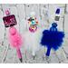 Photo of 3 colors of beaded faux fur teacher pens. From left to right: Pink, White, & Royal Blue. Pens are sold individual