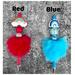 Photo of 2 different colored rainbow beaded faux fur pens. From left to right: Red, and blue. Pens are sold individually.