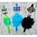 Photo of 3 colors of beaded faux fur teacher pens. From left to right: Green, light blue, and black. Pens are sold individually.