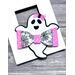 White & black ghost shaped bow, w/ pink glitter spider web design. Ghost is wearing tiny pink bow.  Bow is approx. 3 x 3. Sold Individually.