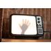 front view of hanging wall-mount Retro TV LED Lightbox Sign with creepy hand for Horror Movie Fans, Gamers, Bedroom Decor - light wall art 