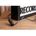 light switch on black wood recording studio LED lightbox and lamp sitting on desk for home studio, podcasters, musicians, and gamers