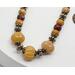 pumpkin shaped orange dyed quartz, brass accent, and sparkly diamond cut mookaite beads (brown and maroon) on brass chain with toggle clasp
