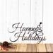 Happy Holidays metal wall art with Christmas tree, in raw steel.