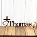 Personalized metal name plaque with a cross and heart, in copper vein powder coat.