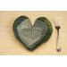 Heart shaped plate with Hosta plant texture. Glazed with a dark green rim and a mixture of blue and grey throughout the middle 8"x9"