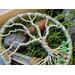 slight 3d version tree trunk lying in bed of moss contianing river rock and crsytals