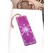 Front of bookmark with purple background, white and lavender dot art snowflake and jute rope tassel.