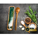 Handmade olive wood spoon rest featuring a resin mountain scene with trees, a stream, and silver accents, measuring 12.5x3 inches.