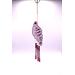 Side one of entire wind chime. White background, purple dot art, jute rope tassel, pink wind chimes with silver string.