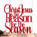Close up of Christ Jesus is the Reason for the Season metal sign, in red gloss powder coat.