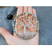 SMALL 3INCH TREE OF LIFE, BRANCHES WRAPPED AND CONNECTED AORUND METAL HOOP, SUNSTONE GEM CHIPS ADORN ALUMINUM WIRE BRANCHES