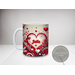 3D conversation heart mug with pink and red heart designs.
Close-up of personalized 3D heart coffee mug with a romantic message.
