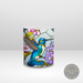 Colorful stained glass bird-themed coffee mug. Nature-inspired hummingbird drinkware with vibrant colors.
