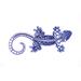 Front side of 3D printed blue salamander with hand painted white dot art