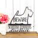 Scottish Terriers Live Here metal wall art, with Beware, in silver vein powder coat.