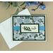 A flower card making kit with green cardstock, hydrangea scrapbook paper. stamped "hello" sentiments, light blue ribbons and cards/envelopes