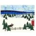 A winter mountain scene created with batik fabrics. It includes a moose, snow on the ground, a fence line and a red silo indicating a barn.