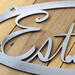 Close up of raw steel on our oval established year metal wall art.