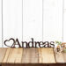 Metal name sign with heart, in copper vein powder coat.