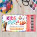 Editable Kids Sip and Paint Ticket Template | Kids Event Ticket