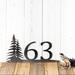 2 digit metal house number sign with pine trees, in raw steel.