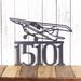 5 digit metal house number sign with airplane, in silver vein powder coat.