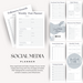 Social media planner PDF layout featuring various planning pages such as Weekly Post Planner, Followers Growth, and Monthly Trends