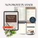 A non-profit planner layout featuring a tablet displaying the cover, spiral-bound pages with content overview, mission statement page.