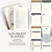 A visual showcasing a Non Profit Planner Canva template. Contains pages with list items & forms for planning, tracking, and managing project
