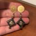 Natural hematite stone and glass beads, wire wrapped decorative head pin, and statement stainless steel ear studs loop butterfly backers.