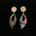 Stylish Earring Statement Jewelry. Colorful, modern leaf shaped design drop earrings with gold tone stainless steel decorative ear posts.