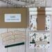 A handmade Christmas card kit with Nutcracker patterned scrapbook paper, cardstock, stamped sentiment, ribbon and envelope to DIY 6 cards.