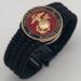 Very thin, flexible and comfortable black US Marine Corps bracelet featuring a 24K gold plated USMC Eagle Globe & Anchor and a Cobra buckle.