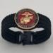 Very thin, flexible and comfortable black US Marine Corps bracelet featuring a 24K gold plated USMC Eagle Globe & Anchor and a Cobra buckle.