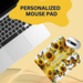 Workspace styled with sunny yellow decor. Mouse pad with beautiful sunflowers and butterflies, personalized with name across the middle.