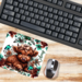 Rustic teal and brown floral desk mat, Farm animal mouse pad with custom text Country cow mouse pad with teal accents. On rustic office desk