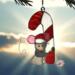Christmas Mouse stained glass suncatcher. Made with gray, pink, white and red glass. Crystal eyes, nose and hat pom-pom.
