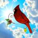 Spring Cardinal Stained Glass Suncatcher by Robin C. Hary, made with red glass and accented with lamp worked leaves, flower and copper wire.