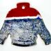 Ugly Christmas Sweater ornament, Striped Blue Velvet - Ceramic Red up top and blue metallic on the bottom separated by a white bar. 