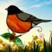 Robin Stained Glass Suncatcher by Robin C. Hary- featuring a lampworked Daffodil and leaves on a twisted copper wire branch.