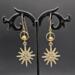 Earrings featuring gold plated star shaped dangles with rhinestones, stainless steel circle and bead accents, 14k gold filled wires.