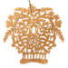 A handcrafted Victorian-style wooden Christmas tree ornament shaped like a basket filled with intricate floral designs, featuring detailed leaves and blossoms, with a small hook at the top for hanging.