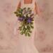 Picture of a 11.5 inch doll holding a rustic purple, white, and green wedding floral bouquet 1:6 Scale