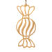 A handmade wooden Christmas tree ornament shaped like a wrapped hard candy, featuring a bulbous center with swirling stripes and twisted wrapper ends, crafted from light-toned wood using a scroll saw.