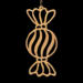 A handmade wooden Christmas tree ornament shaped like a wrapped hard candy, featuring a bulbous center with swirling stripes and twisted wrapper ends, crafted from light-toned wood using a scroll saw.